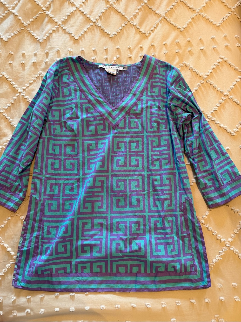 Gretchen Scott Designs Teal and Purple Geometric V-Neck Tunic